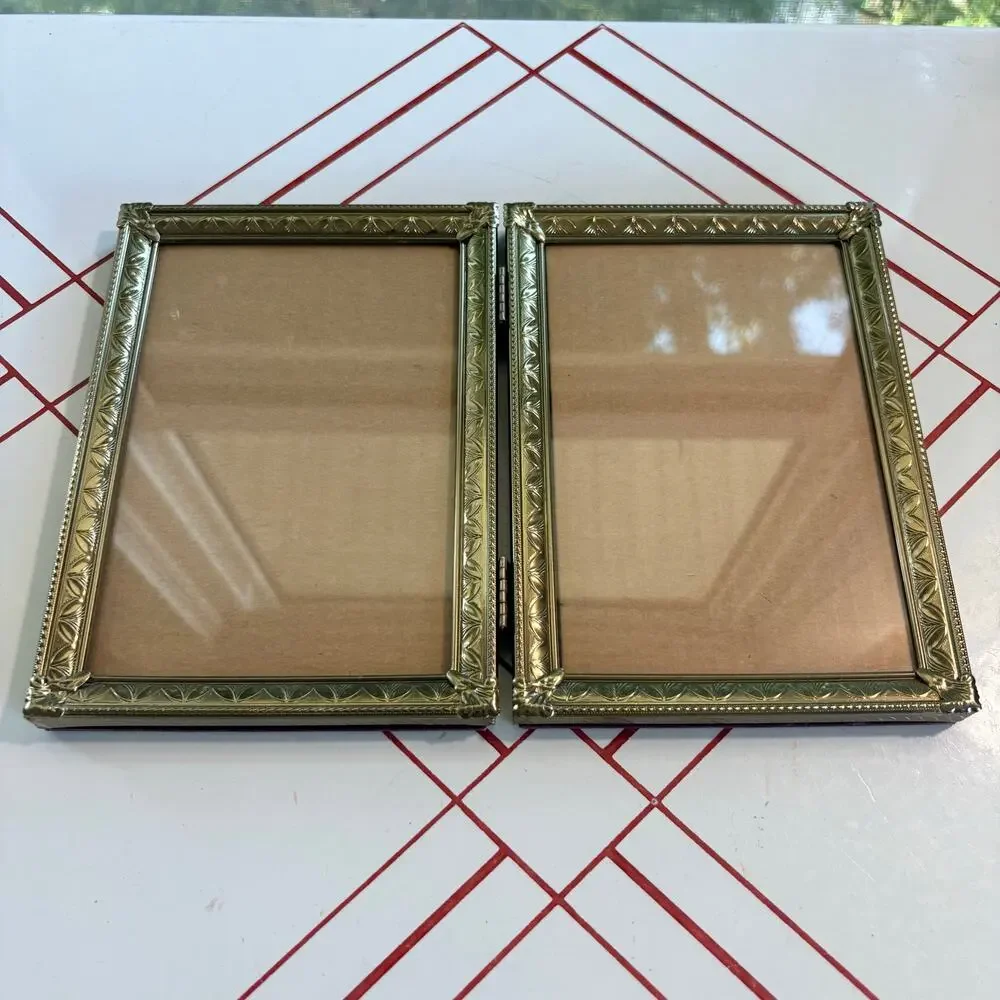 Vintage Double 5x7 Hinged Picture Frame Ornate Gold Tone Metal Folding Frame